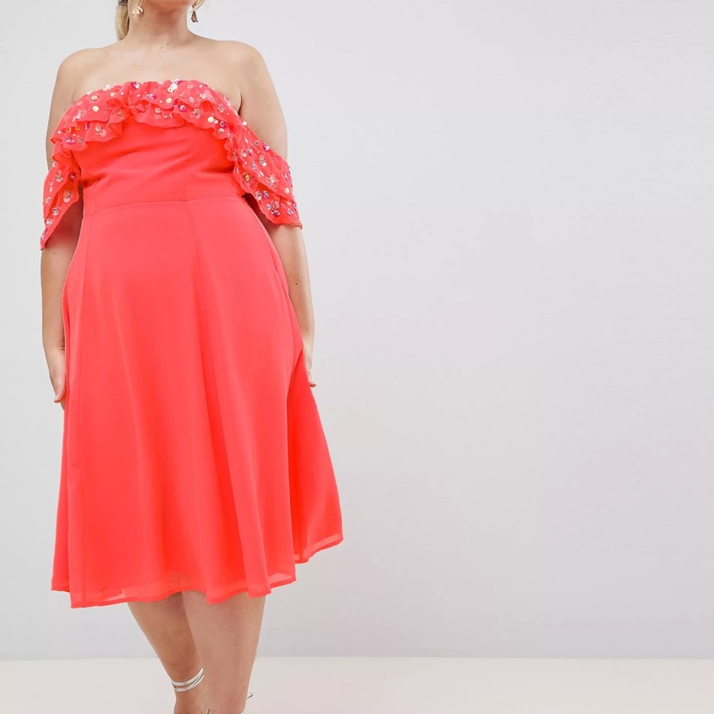 NWT: size 16 ASOS DESIGN Curve bardot midi dress with embellished frill top